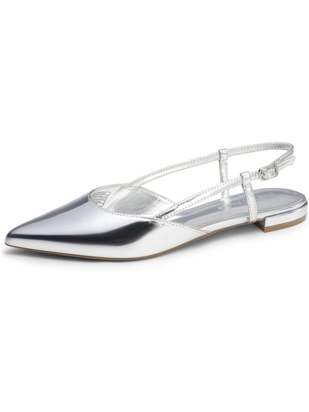 Women's Silver Faux Leather Pointed Toe Buckle Strap Classic Low Flats Heel